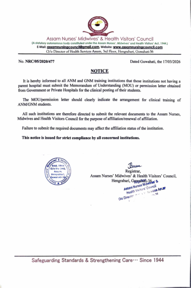 Notice regarding MOU / Permission for Clinical Posting of ANM & GNM Students